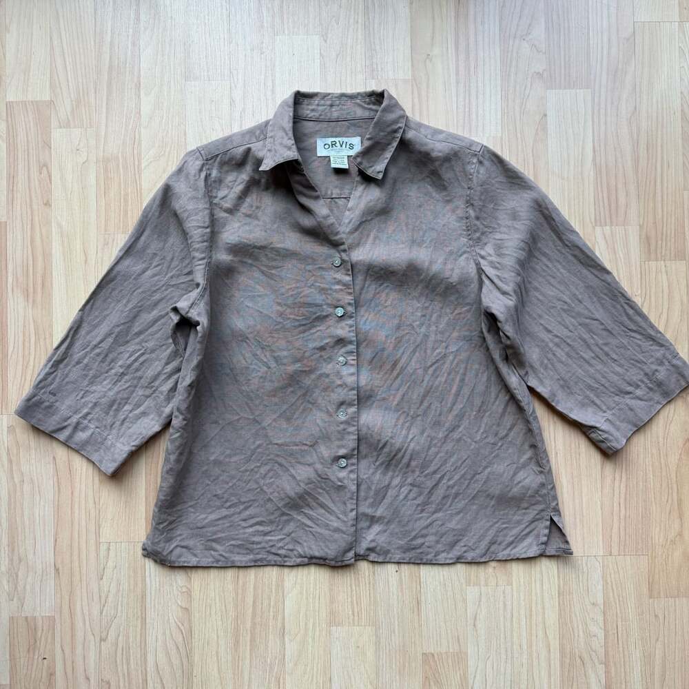Orvis Women Brown 100% Linen 3/4 Sleeve Button-Down Shirt Size M